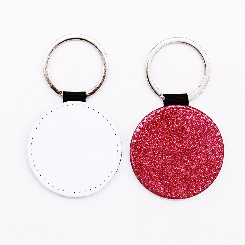 Round Leather Keychain - Red Glitter
